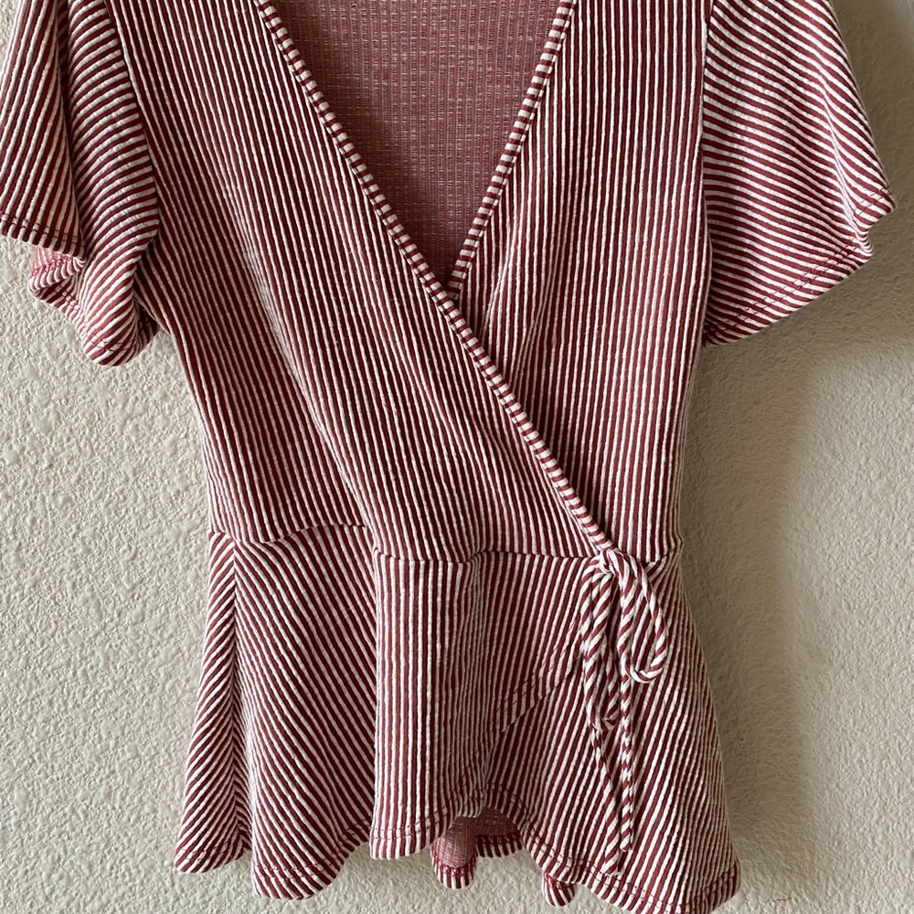Red & White Striped Ribbed Flutter Sleeve Top - Picture 2 of 5